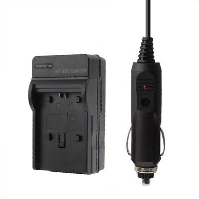 Car Charger for Canon BP718 and BP727 Camera Batteries plugged into car DC outlet with charger unit and cigarette lighter adapter