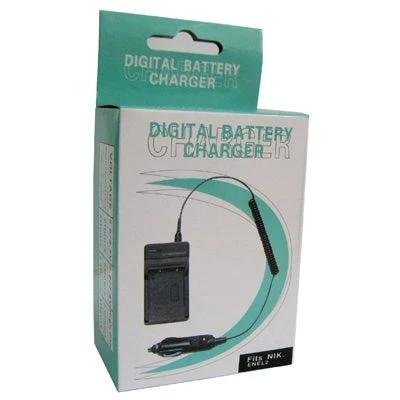 Compatible Battery Charger for Nikon EN-EL2 Cameras in retail box showing charger and car adapter, worldwide AC input, travel-friendly