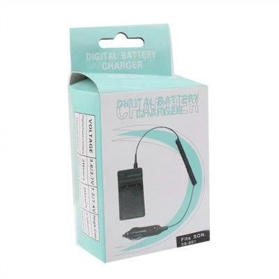 Car Charger for Sony Cyber-Shot Digital Camera Batteries - compact in-car battery charger kit shown in retail box