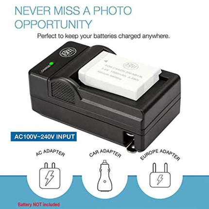 Battery Charger Compatible with Panasonic 007E Cameras shown charging a white camera battery with AC, car and Europe adapters