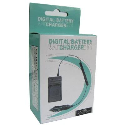 Digital Camera Battery Charger for Fuji Models with Universal Plugs - compact travel charger with universal plugs and car adapter, boxed retail packaging
