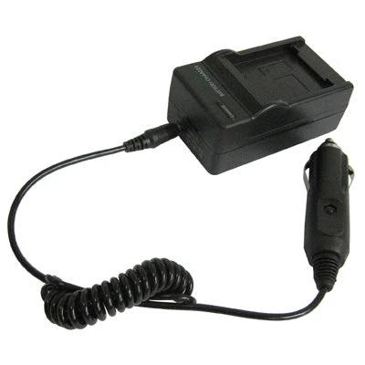 Samsung Compatible Digital Camera Battery Charger with Universal Plugs showing black charger unit and coiled car adapter cable for travel charging