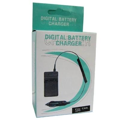 Digital Camera Battery Charger for Casio CNP40 Models in retail box showing charger and car adapter, universal AC 100-240V travel-friendly