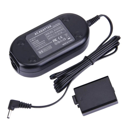 AC Power Adapter Set for Canon EOS Digital Cameras showing black AC adapter, cable and dummy battery for extended studio use