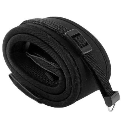 Sturdy SBR All-Weather Digital Camera Strap with Secure Locks rolled black elastic foam strap showing double locks and D-ring