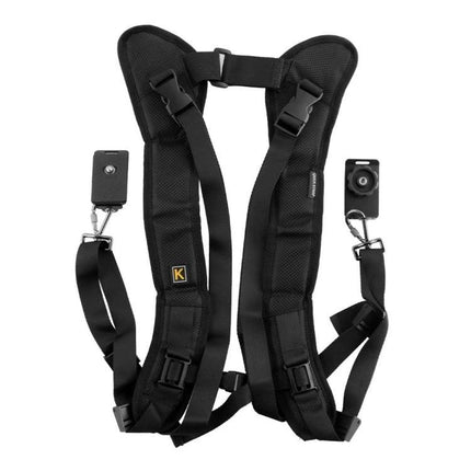 Comfortable Double Shoulder Strap for Two DSLR Cameras with padded nylon, dual quick-release clips and adjustable straps for even weight distribution