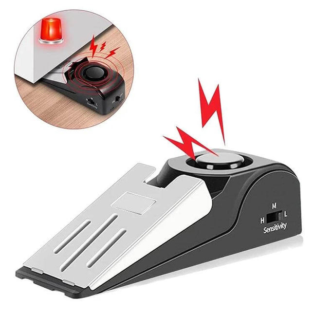 Portable Wedge Door Stop Alarm for Home and Travel Security - black wedge alarm under door with siren and sensitivity switch