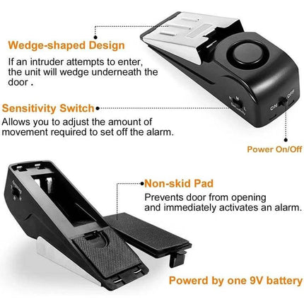 Portable Wedge Door Stop Alarm for Home and Travel Security - black wedge alarm with sensitivity switch, non-slip pad, and 9V battery powered
