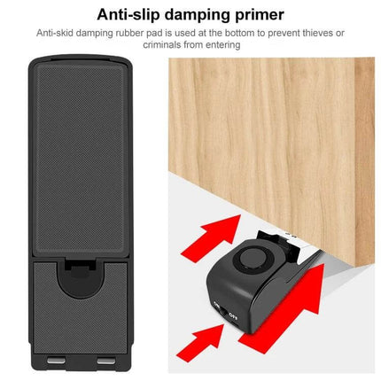 Portable Wedge Door Stop Alarm for Home and Travel Security showing anti-slip rubber pad and wedge placed under a door to trigger alarm
