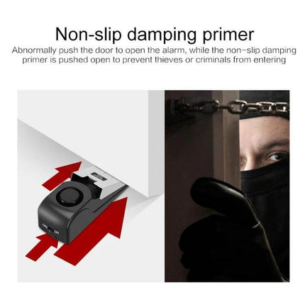 Portable Wedge Door Stop Alarm for Home and Travel Security showing non-slip damping primer under door and intruder at chain lock