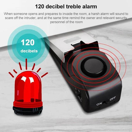 Portable Wedge Door Stop Alarm for Home and Travel Security showing 120 decibel alarm wedge under door with on/off switch