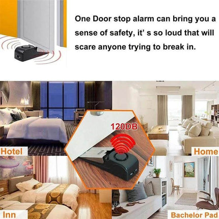 Portable Wedge Door Stop Alarm for Home and Travel Security - wedge door stop alarm shown in hotel, home, inn and bachelor pad, 120dB deterrent