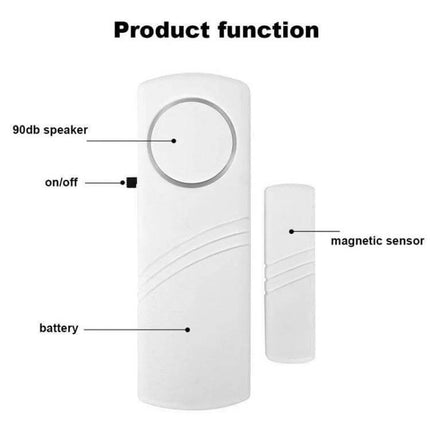 Wireless Magnetic Alarm for Doors and Windows Security - peel-and-stick entry sensor with 90db speaker, on/off switch and battery-powered magnetic sensor