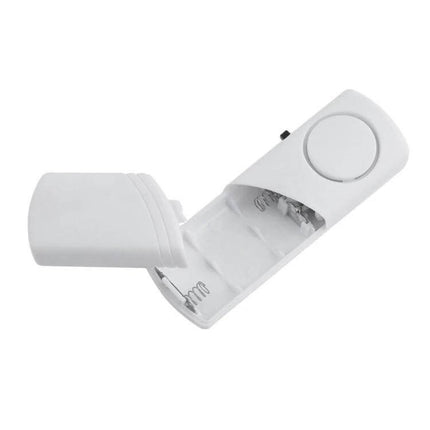 Wireless Magnetic Alarm for Doors and Windows Security white peel-and-stick sensor with open battery compartment for home door and window entry detection
