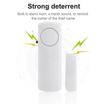 Wireless Magnetic Alarm for Doors and Windows Security - white peel-and-stick entry sensor with built-in horn shown on door/window