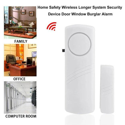Wireless Magnetic Alarm for Doors and Windows Security white peel-and-stick door window sensor with alarm shown in home, office, computer room