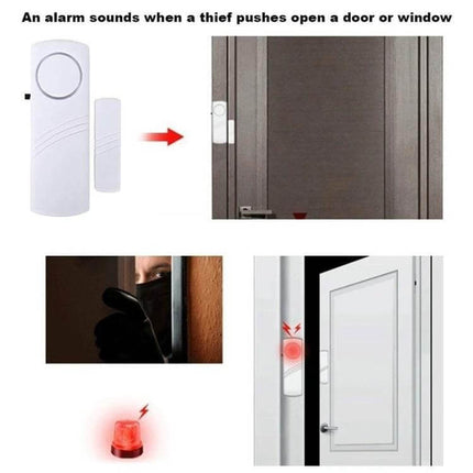 Wireless Magnetic Alarm for Doors and Windows Security on a front door and window showing sensor, magnet, and alert indicator