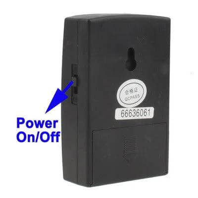 Wireless Vibration Alarm with Remote Control for Home Security - black vibration sensor unit showing power on/off switch and wall-mount slot