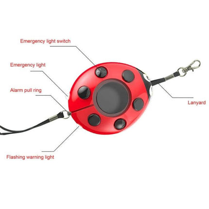 Ladybug Personal Alarm for Everyday Safety of Kids and Women - red ladybug alarm with pull ring, emergency light, flashing warning light, and lanyard
