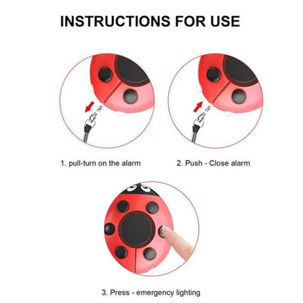 Ladybug Personal Alarm for Everyday Safety of Kids and Women - instructional image showing pull to turn on, push to close, and press for emergency light