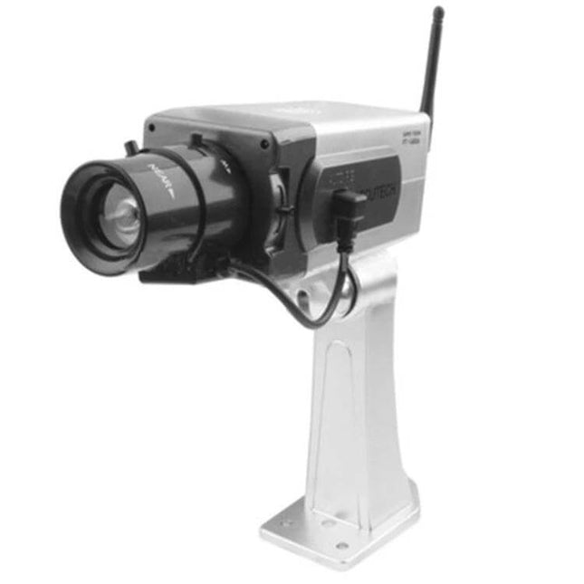 Wireless Fake Security Camera for Home Protection mounted on adjustable metal stand as a realistic-looking deterrent