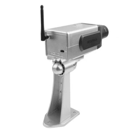Wireless Fake Security Camera for Home Protection - silver wireless dummy camera on adjustable mount, realistic deterrent for doors and entryways