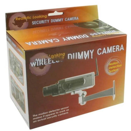 Wireless Fake Security Camera for Home Protection realistic-looking dummy camera in retail box, easy-install fake surveillance deterrent