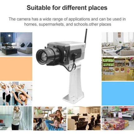 Wireless Fake Security Camera for Home Protection displayed in living room, office and retail settings as a deterrent