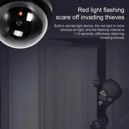 Realistic Fake Security Camera with Motion Detection for Home Protection showing dome camera with red flashing LED deterring a masked intruder