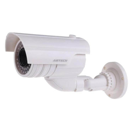 Realistic Dummy Security Camera with Flashing Red LED Light mounted on white wall to deter intruders, outdoor faux surveillance with visible flashing red LED