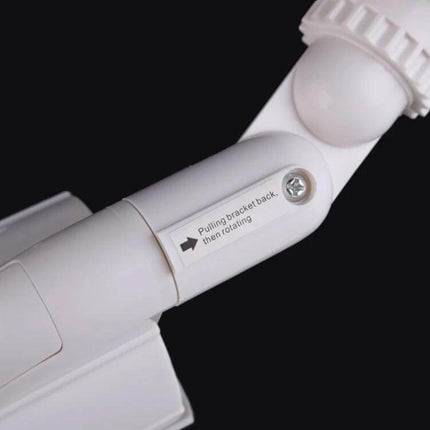 Realistic Dummy Security Camera with Flashing Red LED Light mounted on adjustable white bracket, close-up of joint and screw