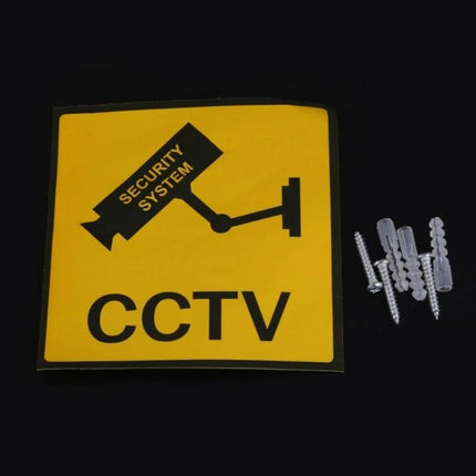 Realistic Dummy Security Camera with Flashing Red LED Light mounted look with CCTV warning sticker and mounting screws, visible deterrent for home or office