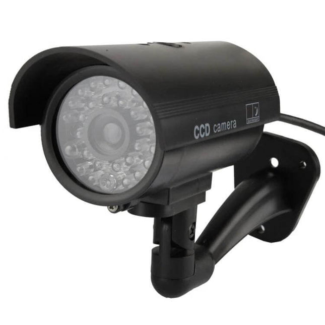 Realistic Dummy Security Camera with Blinking LED for Home Protection mounted outdoor on wall, black deterrent camera with LED ring