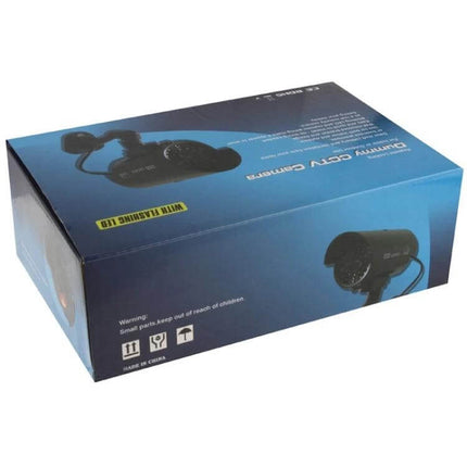 Realistic Dummy Security Camera with Blinking LED for Home Protection - boxed product packaging showing black fake CCTV and LED label