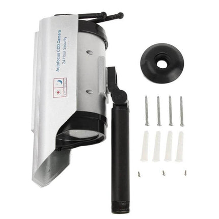 Solar Powered Dummy Camera with Flashing LED for Home Security - silver fake CCTV deterrent with mounting screws
