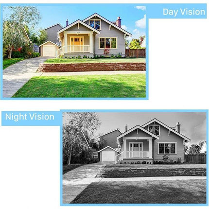 Solar Powered Dummy Camera with Flashing LED for Home Security mounted to deter intruders at a house showing day vision and night vision views