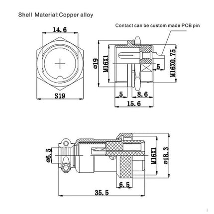 GX16 6-Pin Aviation Plug Socket Connector Pack of 5 Pieces technical drawing with dimensions and copper alloy shell