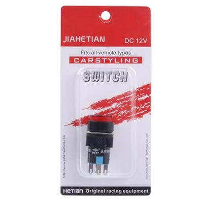 Car Round Button Push Switch With Red LED Indicator in blister pack showing round black switch with red cap and packaging text