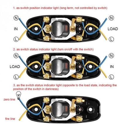 Water Resistant In-Line On/Off Cord Switch for DIY Use, 2 Pieces — interior wiring diagram showing terminals and indicator light positions