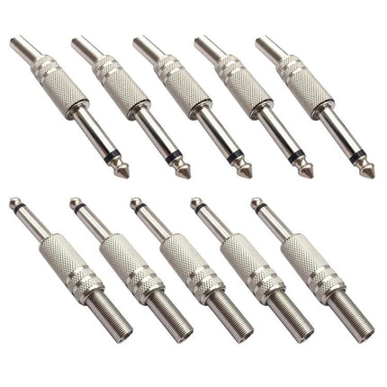 Pack of 10 6.36mm Audio Jack Connectors for Electronic Devices - silver iron 1/4" mono plugs for guitars, microphones, audio gear