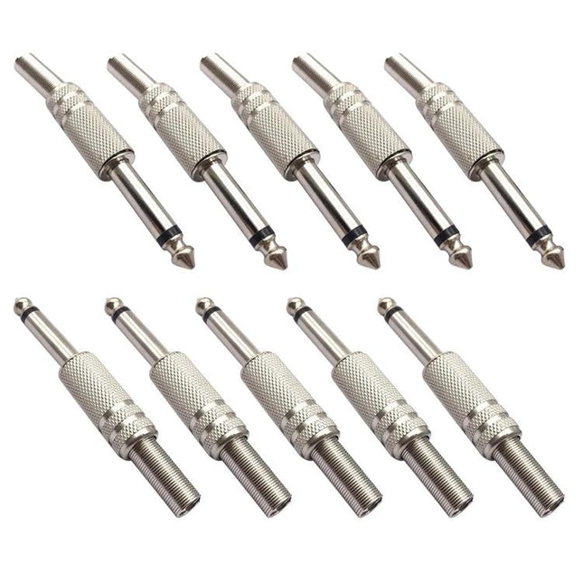 Pack of 10 6.36mm Audio Jack Connectors for Electronic Devices - silver iron 1/4" mono plugs for guitars, microphones, audio gear