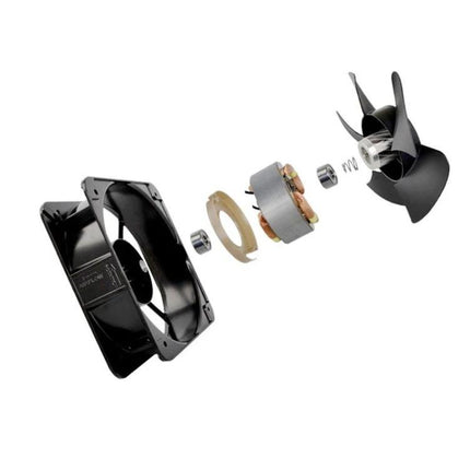 Black 220V Brushless Cooling Fan for DIY Projects showing exploded view of black PA66 fan, motor, and blades for electronics cooling