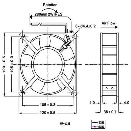 Black 220V Brushless Cooling Fan for DIY Projects — technical dimension drawing showing 120x120mm square fan, wiring and airflow