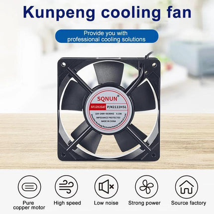 Compact Black 220V Cooling Fan for Everyday Home Ventilation, 12cm black iron case with plastic blades for quiet office or bedroom airflow