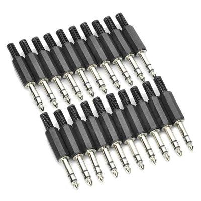 6.5mm Audio Jack Adapter for DIY Electronics, 20-Pack - close-up of 20 metal and black plastic 6.5mm mono audio jack adapters arranged in two rows