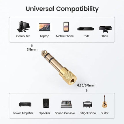 6.35mm Male to 3.5mm Female Audio Jack Adapter Pack of 10 gold-plated adapter showing universal compatibility with amps, mixers, laptops and phones