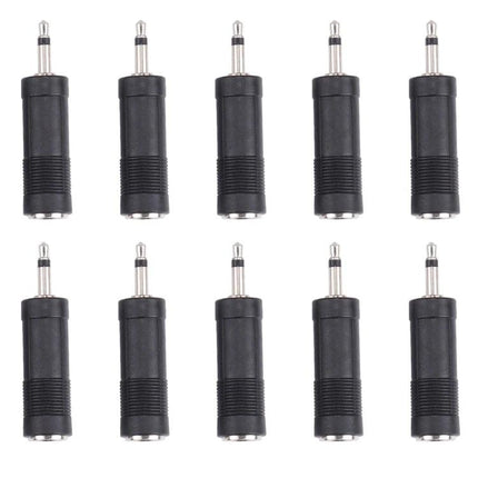 3.5mm Male to 6.35mm Female Mono Audio Adapter for Devices, 100 Pack - ten black adapters arranged in two rows for audio conversion