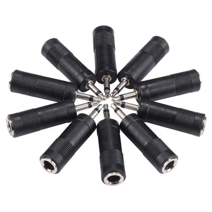 3.5mm Male to 6.35mm Female Mono Audio Adapter for Devices, 100 Pack showing multiple black adapters arranged in a circle