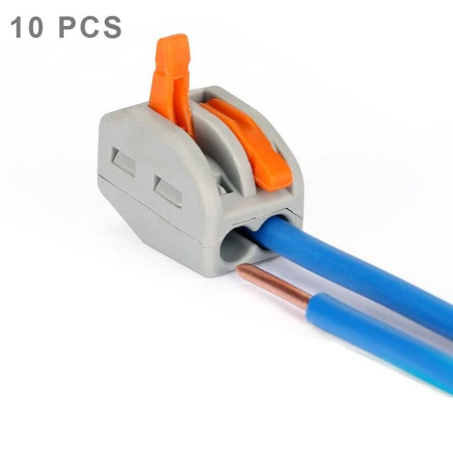 Pack of 10 Universal 2-Pin Solderless Wire Connectors for Easy Home Wiring — gray plastic lever connector holding two blue wires, compact pack