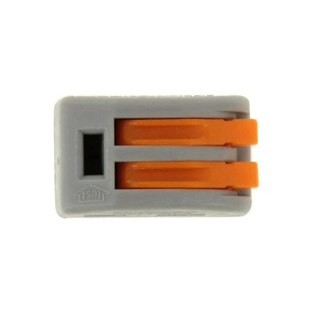 Pack of 10 Universal 2-Pin Solderless Wire Connectors for Easy Home Wiring - close-up gray connector with orange levers, modified nylon insulation